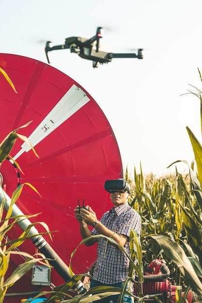 Close-up of a drone equipped with sensors flying over a cornfield in Paraná, Brazil, capturing data on plant health and soil conditions, showcasing the application of precision agriculture in Brazilian farming.