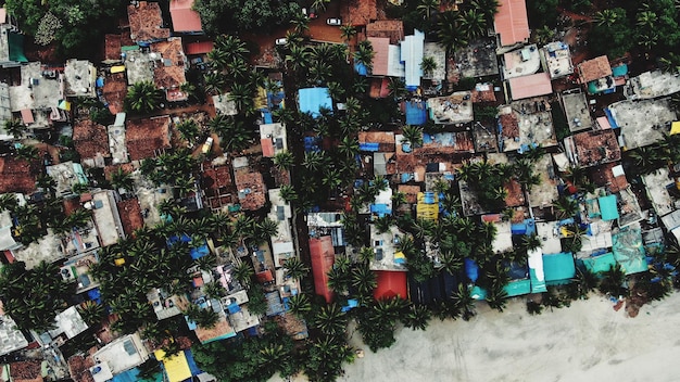 An aerial view of a densely populated favela in Brazil, highlighting the lack of basic sanitation and infrastructure that contributes to public health issues.