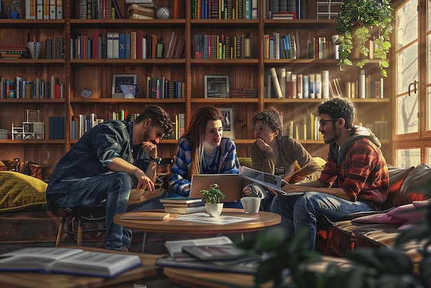 Students studying together in a library. Open textbooks, laptops, and highlighters are on the table. The atmosphere is relaxed and collaborative.