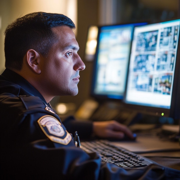 A close-up shot of a police officer using a sophisticated data analysis software on a computer screen in a high-tech command center, showing real-time crime statistics and mapping. The image highlights the use of technology in enhancing law enforcement operations.