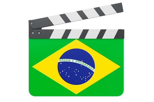 A close-up shot of a film clapperboard with the Brazilian flag subtly in the background, symbolizing the regulation and promotion of Brazilian cinema.