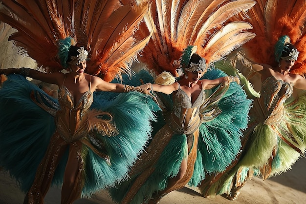 Dancers performing Samba at the Rio Carnival, showcasing the elaborate costumes and energetic movements of this iconic Brazilian dance.
