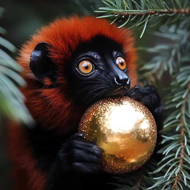 A vibrant and colorful image showcasing a Golden Lion Tamarin (Mico-leão-dourado) perched on a branch in the Atlantic Forest. Highlight the animal's bright orange fur and its natural habitat, emphasizing its uniqueness to Brazil.
