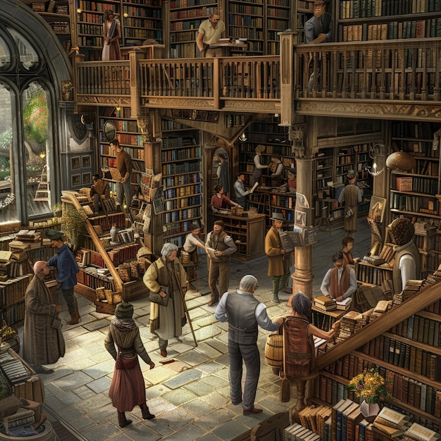 A detailed illustration of an ancient library with scrolls and scholars studying etymology, showcasing the historical research process of tracing word origins.