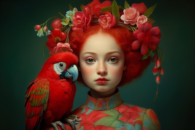 A striking digital painting of the Curupira, with his bright red hair, small stature, and feet turned backward, standing guard in a dense forest, surrounded by glowing eyes of animals and shadowy figures, emphasizing his role as a protector of the woods. The style should be mythical and imposing.