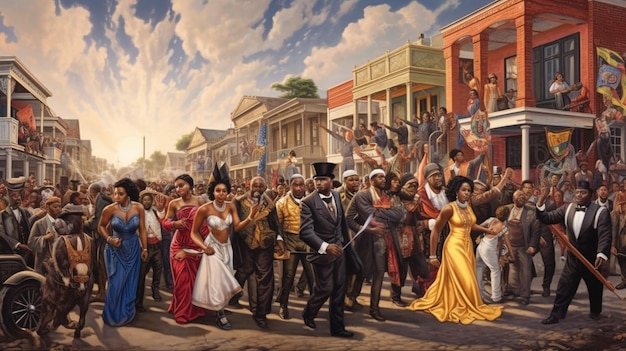 A historic illustration of the Bahia Independence Day parade, showing soldiers and civilians marching through the streets of Salvador, with flags waving and celebrating the end of Portuguese rule.