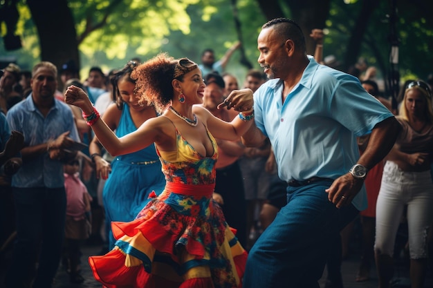 A photograph showcasing a diverse group of people dancing to Brazilian music at a street festival, highlighting the global appeal and influence of Brazilian rhythms.