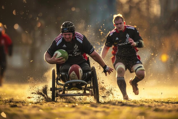 A dynamic action shot of a Wheelchair Rugby match, showing players in specialized wheelchairs colliding as they compete for the ball. The focus is on the intensity and physicality of the sport.