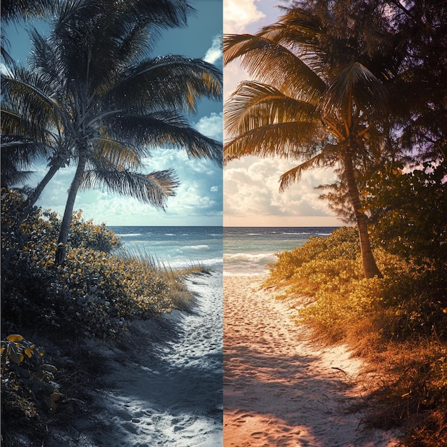 A split image, with one side showing a sunny Brazilian beach scene and the other side showing a rainy Lisbon street scene in Portugal, highlighting the different weather expressions between the two countries.