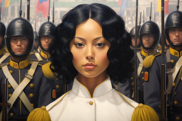 An oil painting depicting Maria Quitéria, dressed in military uniform, resolutely leading a group of soldiers in a battle during the Bahian War of Independence. The painting highlights her courage and determination as a female soldier.