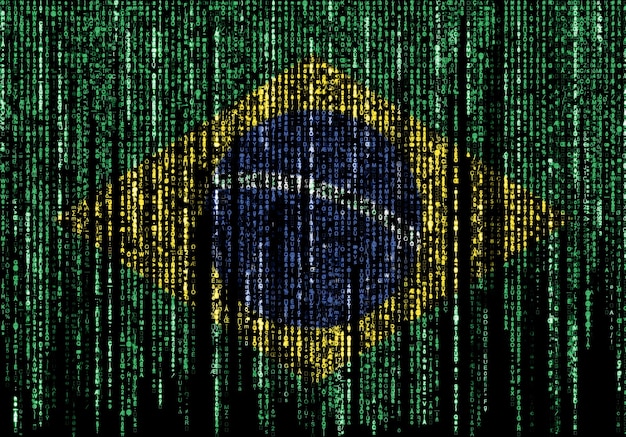 A digital art piece depicting a brain silhouette filled with binary code and Brazilian flag colors, symbolizing the growth of AI technology and talent in Brazil.