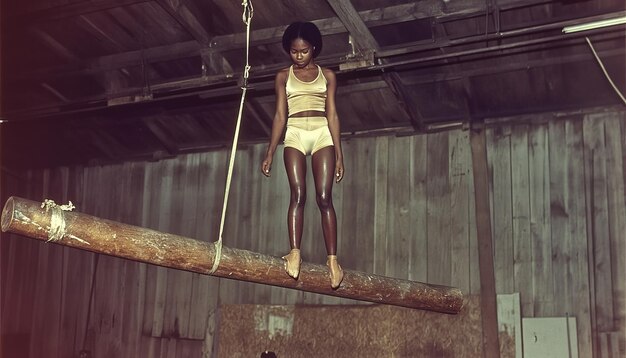 A young Brazilian gymnast practicing on a uneven bars in a dimly lit, outdated gym, showing determination on her face despite the poor conditions.