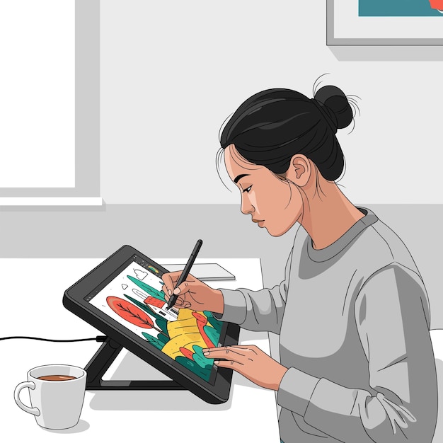 A young artist using a digital tablet to create a painting inspired by the geometric patterns of Lygia Clark. The artist is working in a modern studio, surrounded by screens displaying different versions of the artwork.