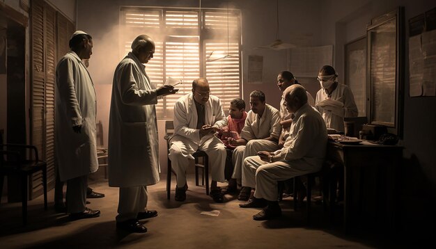 An sepia photo of Paulo Freire giving a lecture to a group of teachers, inside a simple, modestly furnished room, people seriously observing.