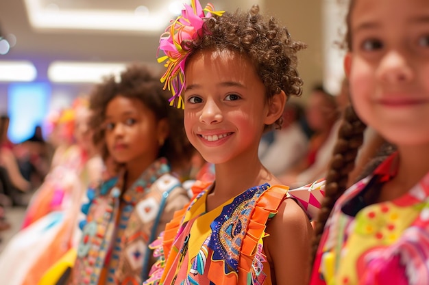 A diverse group of Brazilian children during a school performance, dressed in colorful traditional clothing, singing and playing instruments. The scene is joyful and vibrant, showcasing the rich cultural heritage of Brazil.