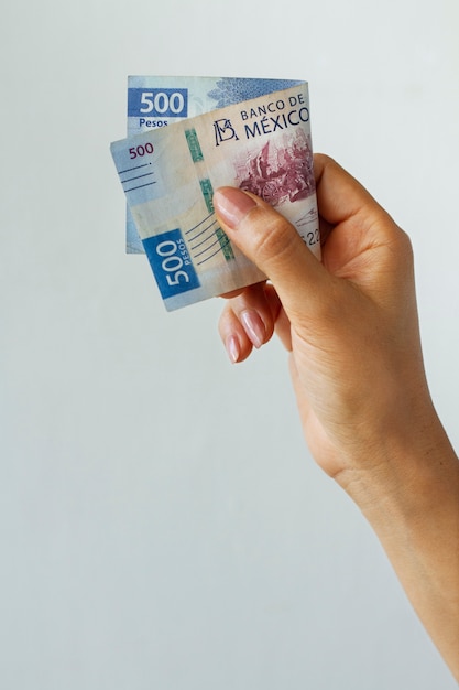 A close-up shot of a hand holding a Brazilian Real note with a worried expression blurred in the background.