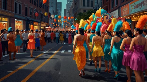 A vibrant street scene of a Carnaval celebration in Rio de Janeiro, Brazil, with elaborate floats, costumed dancers, and a lively band performing samba music. The atmosphere is festive with spectators cheering and participating in the dance.