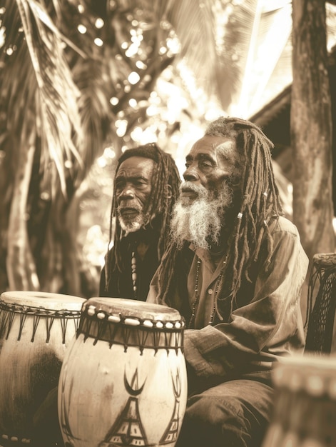 An old black and white photograph showing a group of enslaved Africans playing traditional drums and percussion instruments at a plantation in Brazil during the 19th century. The image conveys the resilience of African culture and its impact on early Brazilian music.