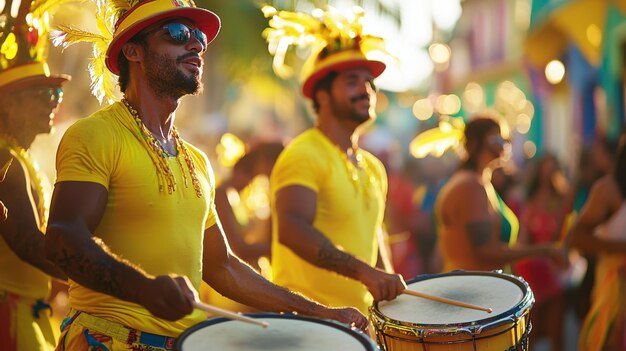 A close-up shot of a group of drummers playing Afoxé during Carnaval in Salvador, Bahia. The drummers are adorned in traditional white clothing and beaded necklaces, emphasizing the Afro-Brazilian religious and cultural influences on the festival.
