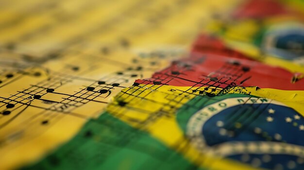 A close-up shot of a sheet music of the Brazilian National Anthem, with focus on the notes and lyrics. The background should be slightly blurred, with a vintage filter to give it an aged and historical look.