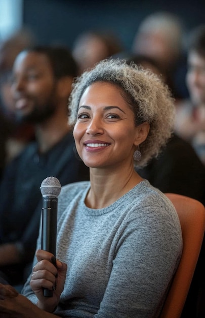 A close-up photo of [Nome de Personalidade Brasileira] giving an inspiring speech during a company event. The scene shows her engaging with the audience, conveying confidence and enthusiasm.