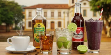 Variedade de bebidas brasileiras icônicas, incluindo café, cachaça, caipirinha, guaraná e açaí, dispostas em um cenário convidativo que celebra a cultura do Brasil.