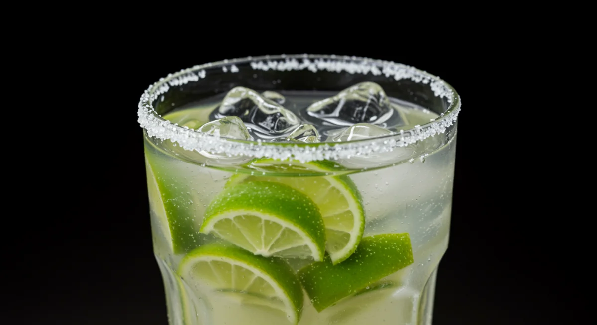 Caipirinha clássica brasileira com limão fresco, gelo e cachaça, destacando a refrescância e a tradição da bebida.