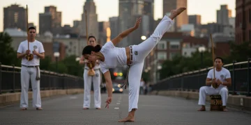 Capoeirista executando uma esquiva poderosa em uma roda de capoeira ao ar livre nos Estados Unidos, com berimbau ao fundo.
