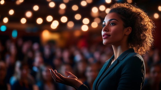 [Nome de Personalidade Brasileira] giving a motivational speech to a large audience. The scene should be brightly lit, with a positive atmosphere.