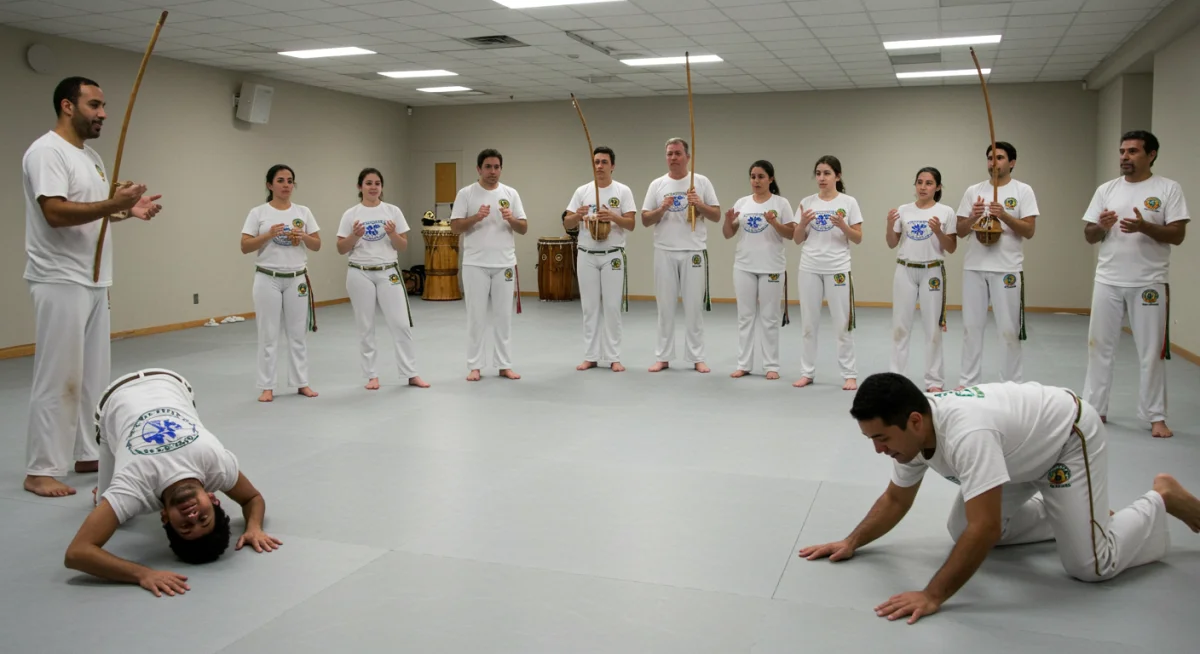 Grupo diversificado de capoeiristas nos EUA praticando a ginga em estúdio, demonstrando sincronia e comunidade.