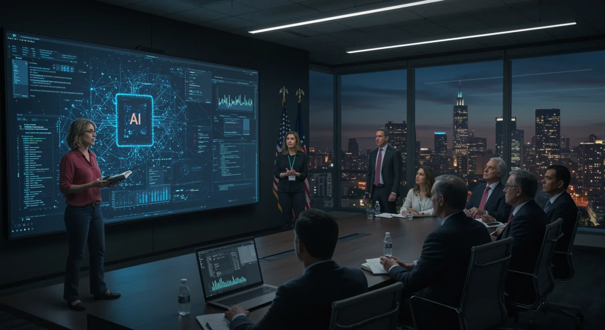 Uma visionária brasileira da tecnologia apresentando um modelo de IA avançado para uma audiência atenta de líderes americanos, destacando a inovação brasileira.