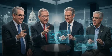 Quatro líderes brasileiros influentes em uma reunião estratégica com interlocutores americanos, simbolizando a crescente influência do Brasil nos debates dos EUA.