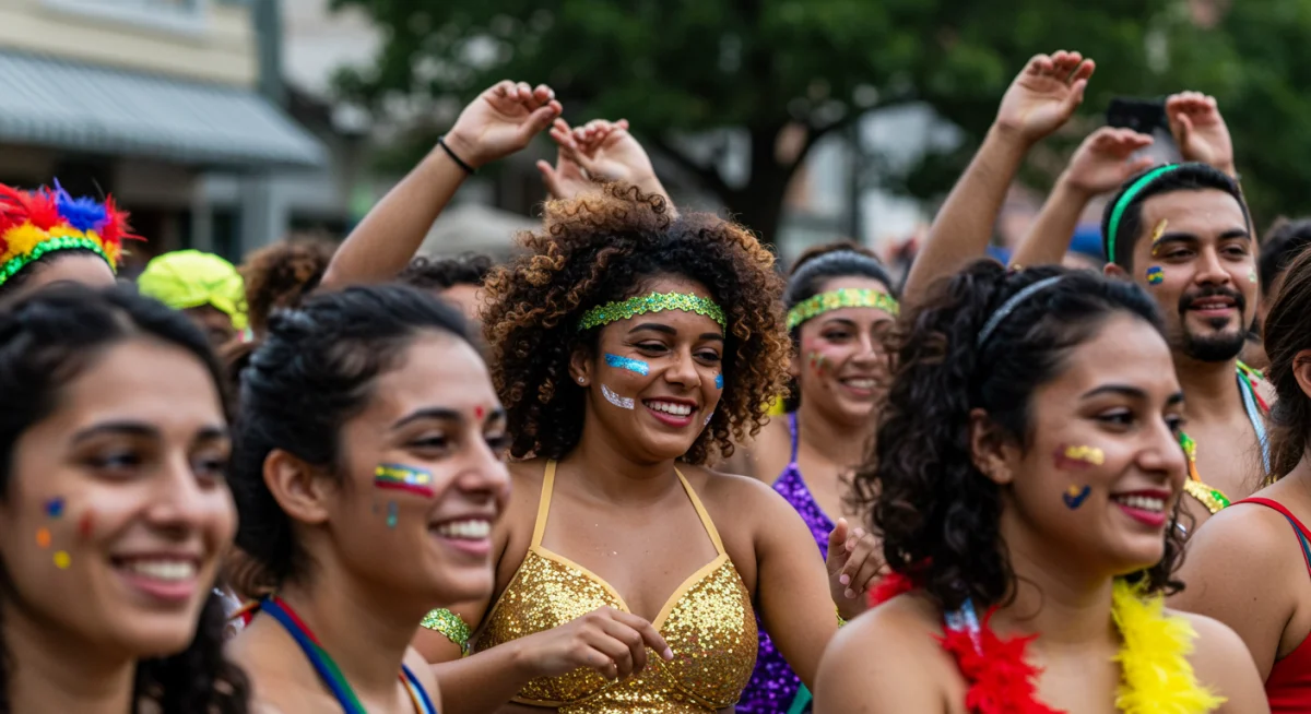 Grupo diversificado de pessoas celebrando o Carnaval de rua nos EUA, com adereços e sorrisos, refletindo a união cultural.