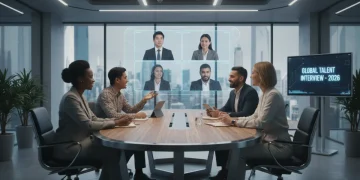 Professionals conducting a hybrid job interview in a modern office, showing future trends.