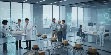 Professionals interacting with automation technology in modern workplaces