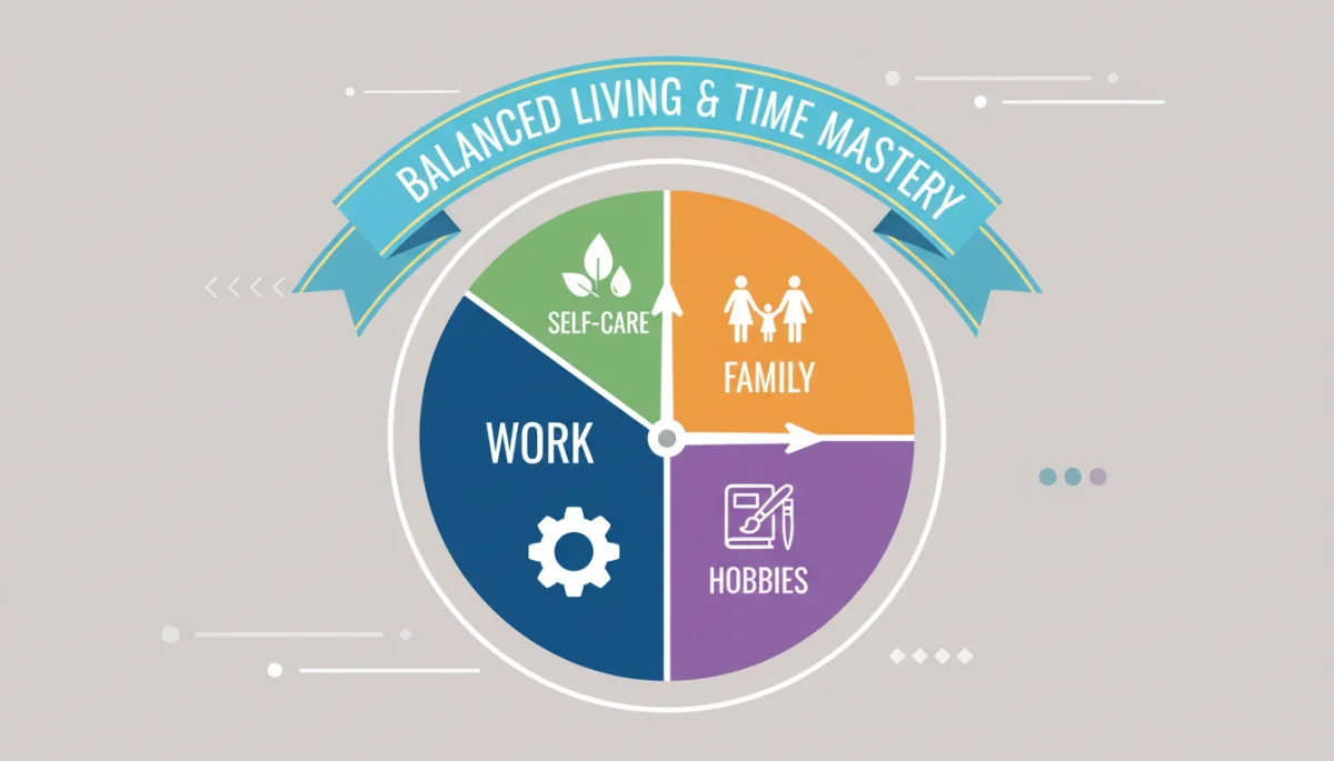 Clock face divided into balanced time blocks for work, family, and personal activities