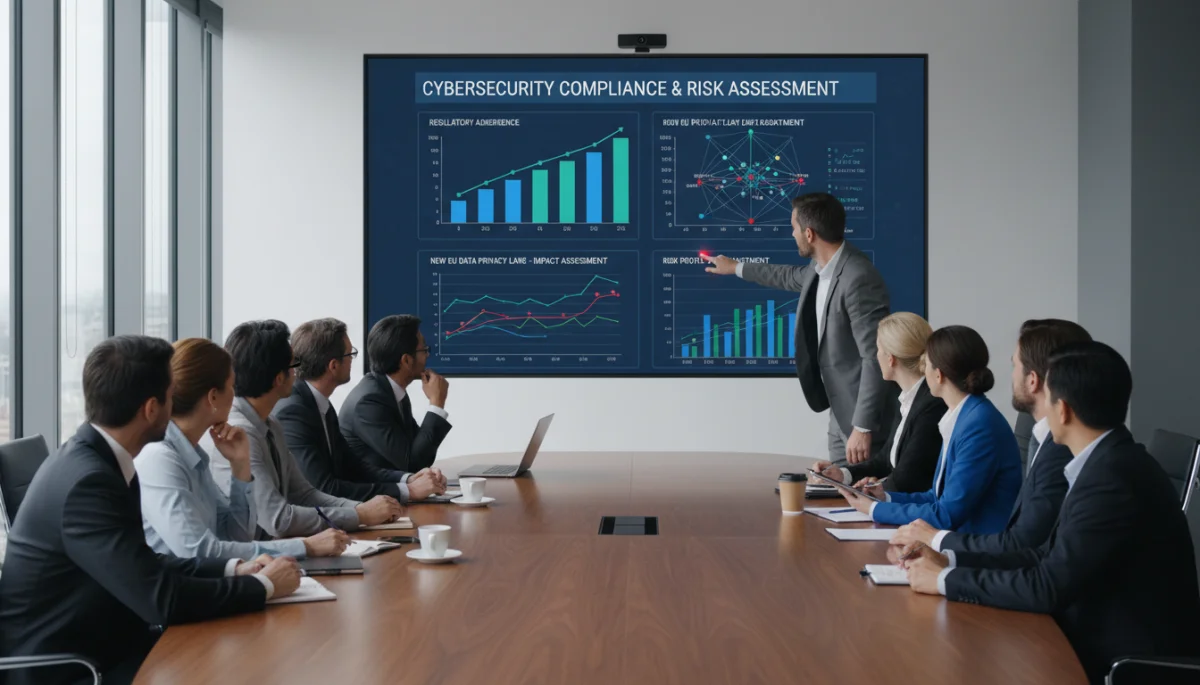 Business professionals discussing cybersecurity compliance in a modern meeting room