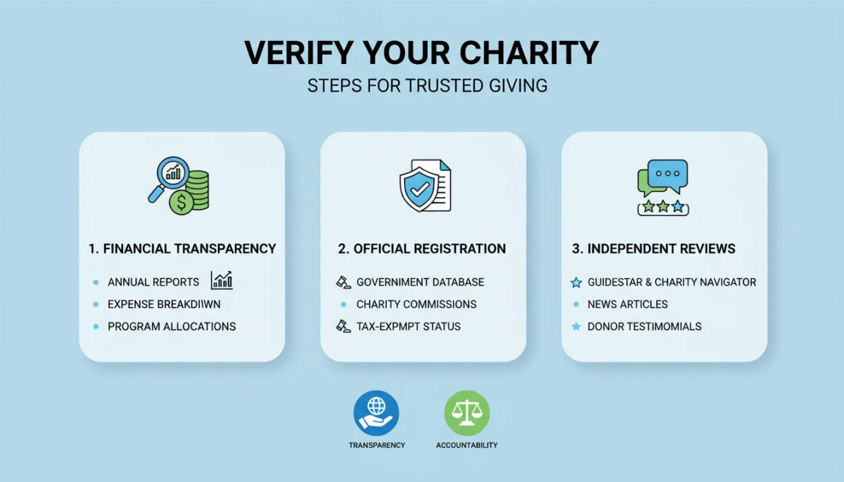 Infographic detailing steps for verifying a charity's legitimacy and financial transparency.