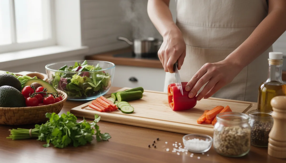 Person actively chopping vegetables for meal preparation