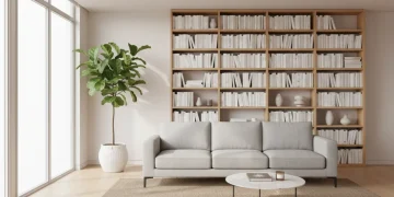 Serene, minimalist living room with organized bookshelf and single plant, embodying clutter-free living.