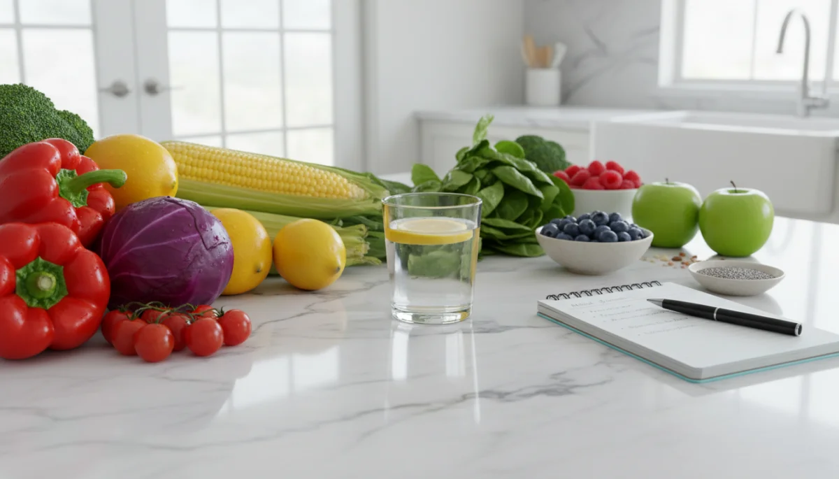 Colorful fresh vegetables and fruits on a kitchen counter for mindful meal preparation.
