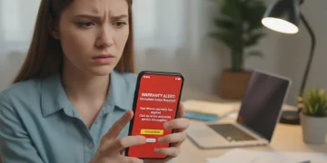 Woman looking skeptically at a warranty alert on her phone