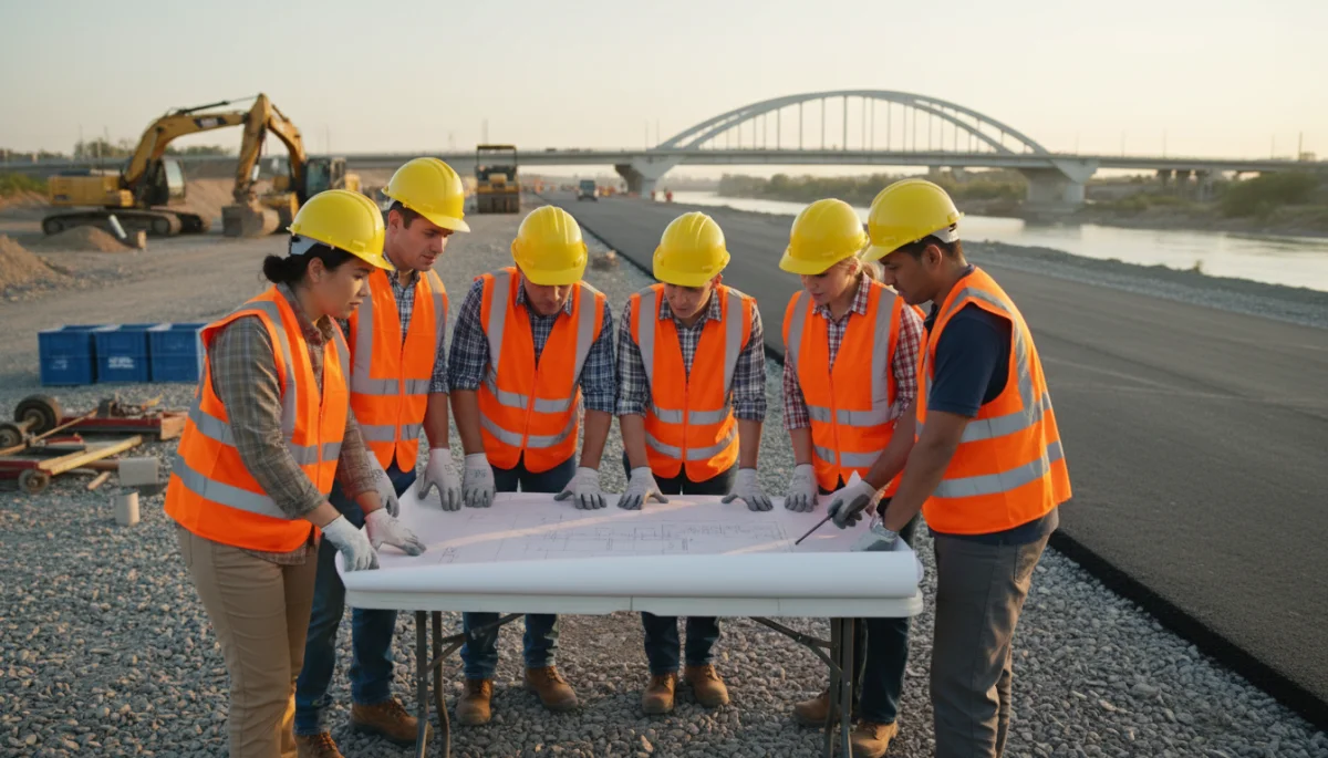 Construction workers reviewing plans at a public works project site