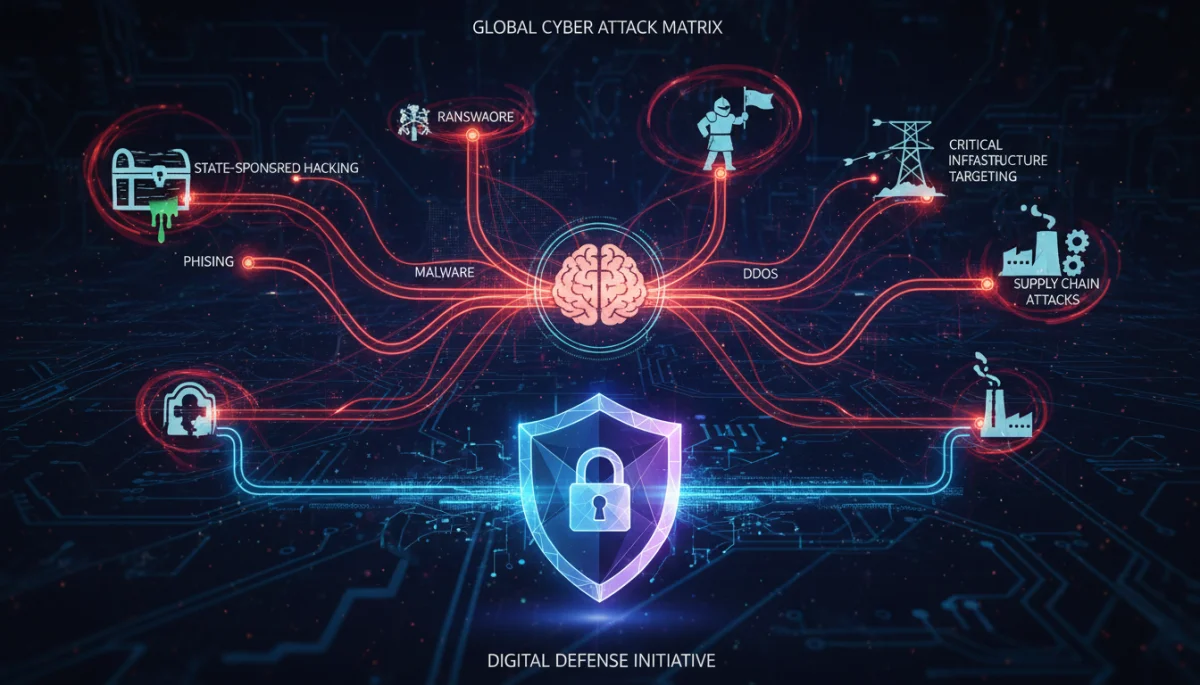 Complex graphic illustrating cyber attack vectors and digital defense mechanisms.