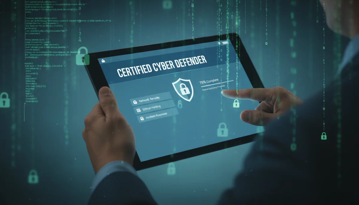 Hand holding tablet with cybersecurity certification course