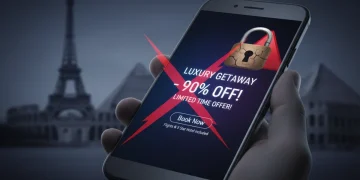 Smartphone showing a deceptive travel offer with a warning symbol, symbolizing a travel scam alert for 2026.