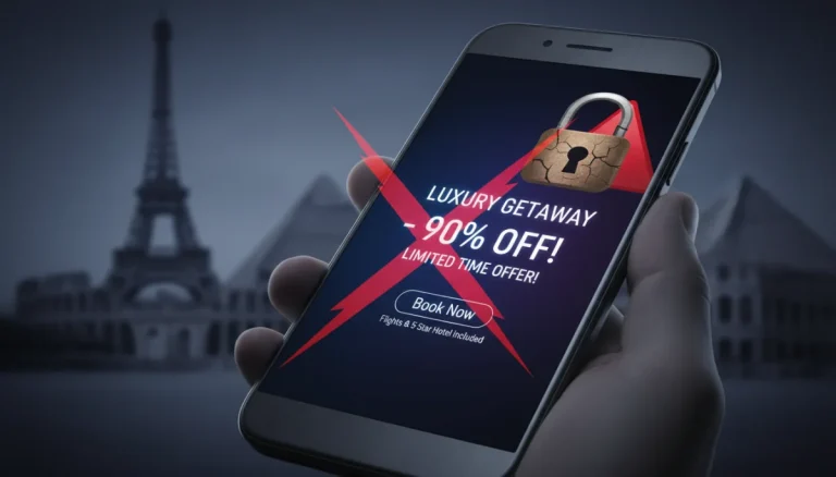 Smartphone showing a deceptive travel offer with a warning symbol, symbolizing a travel scam alert for 2026.