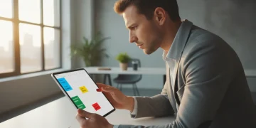 Person focusing on a digital calendar with color-coded time blocks for productivity