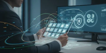 Digital verification of non-profit organizations on a tablet, a hand hovering over a 'donate' button, symbolizing careful consideration before giving.