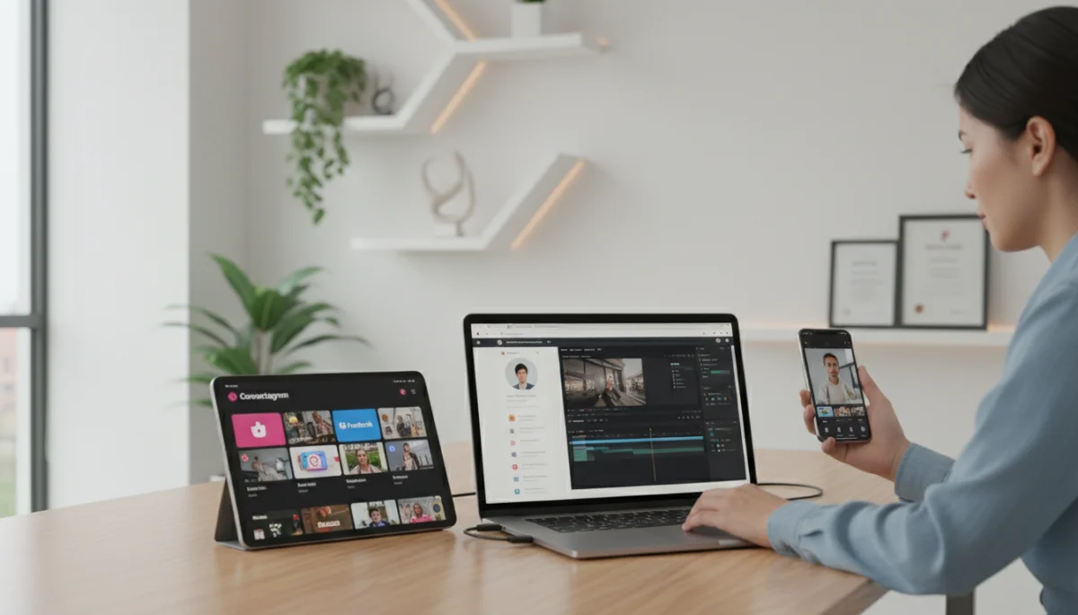 Individual managing digital presence across multiple screens for personal branding